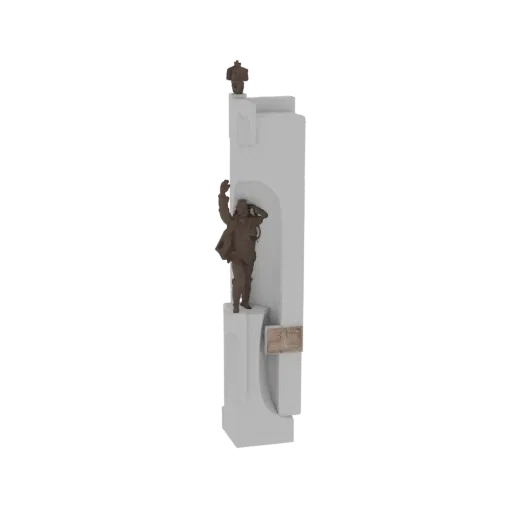 3D model of a white monument with a bronze aviator sculpture reaching upwards, and a smaller figure on top.