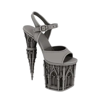 Modelo 3D de salto agulha com plataforma, apresentando intrincados detalhes arquitetônicos de catedral gótica no salto e na b