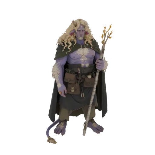 3D model of a Mystic Forest Guardian, a purple-skinned humanoid with blonde hair, wearing a green cape and holding a staff.