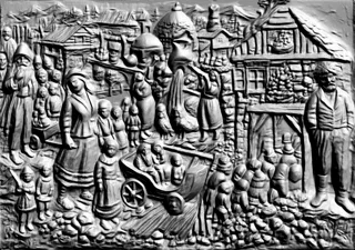 3D model of "Rural Life" relief with figures of people, animals, a cart, and houses in relief style.