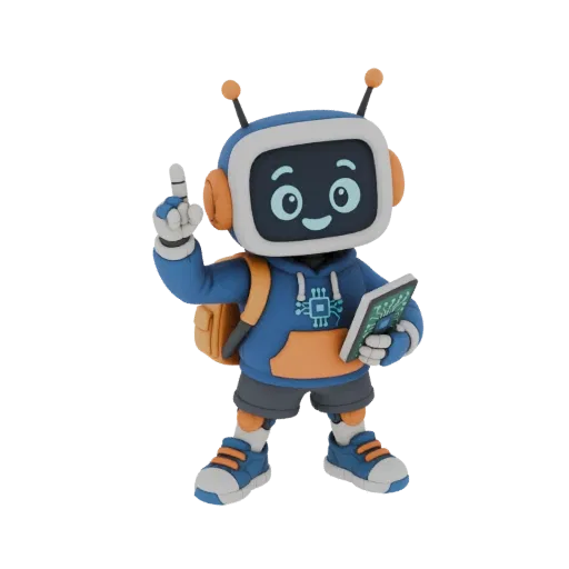 3D model of a friendly cartoon robot student wearing a blue hoodie, yellow backpack, and holding a tablet, with one finger ra