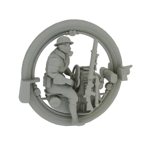 3D model of a WWI soldier in a gas mask and helmet, seated on a monowheel vehicle with a machine gun, against a black backgro