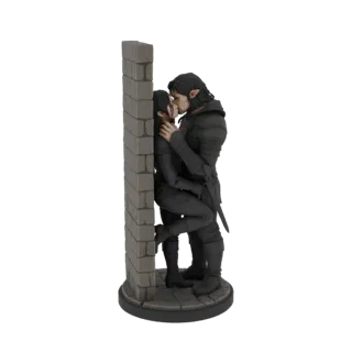 Modèle 3D d'un couple d'elfes fantastiques s'embrassant devant un mur de briques, rendu dans des tons sombres avec des textur