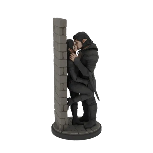 Modelo 3D de una pareja de elfos fantásticos besándose contra una pared de ladrillos, renderizado en tonos oscuros con textur