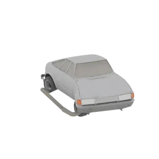 A 3D model of a light gray retro sports car with a unique front bumper, viewed from a three-quarter front angle.