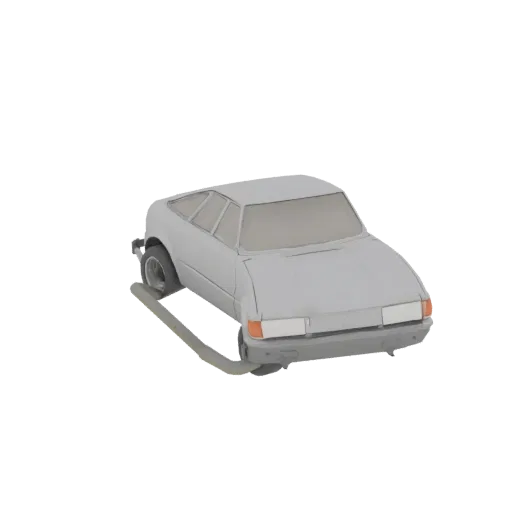 A 3D model of a light gray retro sports car with a unique front bumper, viewed from a three-quarter front angle.
