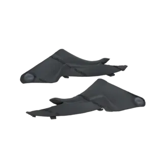 A pair of futuristic robotic claws with sharp angles and a metallic finish, presented on a black background.