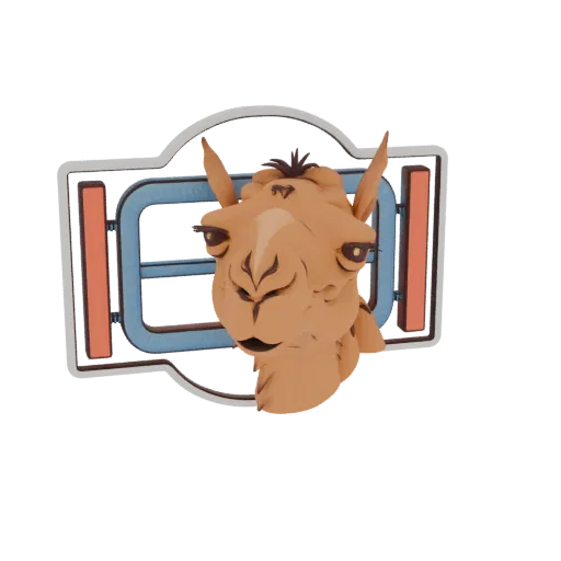 3D model of a stylized camel head emblem with a modern frame, featuring warm colors and a unique artistic style.