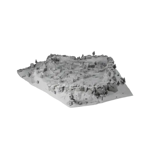 Snowy Ambush Base Unreal Engine 3D model, top-down viewport view, showing sculpted terrain, snow banks.