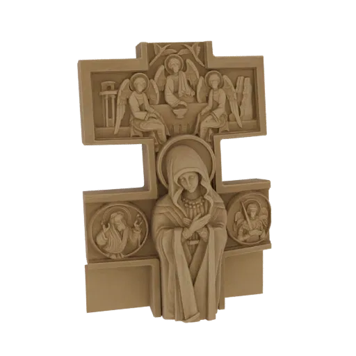 Modelo 3D de una cruz ortodoxa con la Virgen María, ángeles y escenas bíblicas, renderizado en una textura de madera clara.