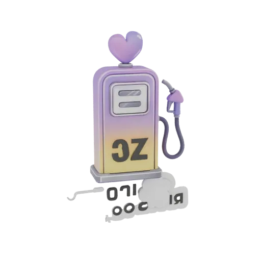 3D model of a stylized gas pump with a heart on top, gradient colors, and 'OZ' logo, with a hose and nozzle.