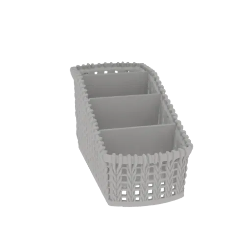 3D model of a light gray woven organizer basket with three compartments, shown from a side angle.