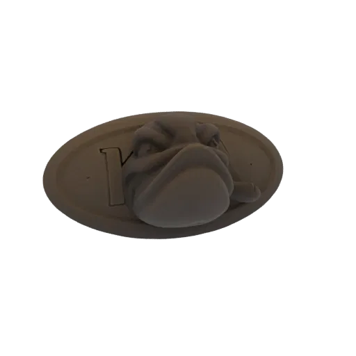 3D model render of a grumpy fish face integrated into an oval emblem with a subtle '1' behind it.