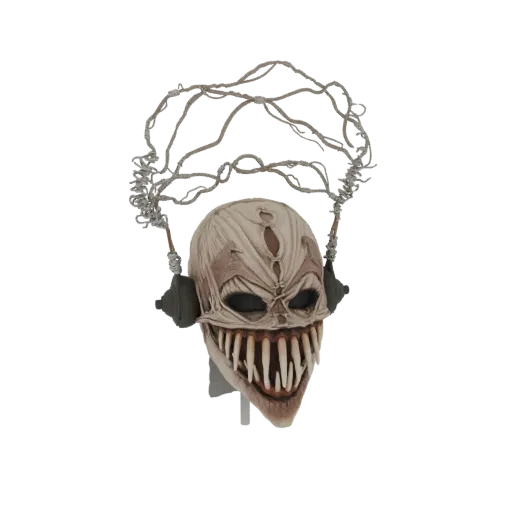 3D model of a terrifying twisted clown mask with a wide, toothy grin and tangled wire headdress.