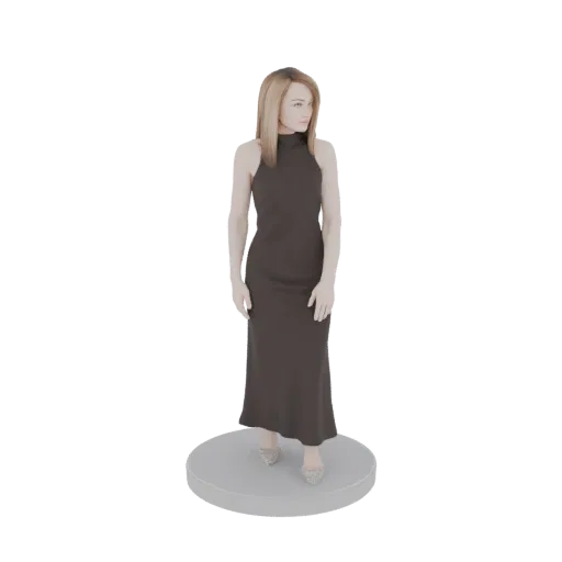 Modelo 3D de uma mulher elegante usando um vestido longo, escuro e sem mangas, em pé sobre uma base circular.