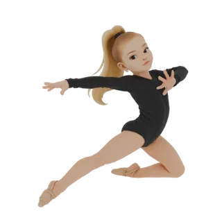 3D-Modell einer blonden Gymnastin im schwarzen Anzug, im Sprung mit ausgebreiteten Armen und fließendem Haar.