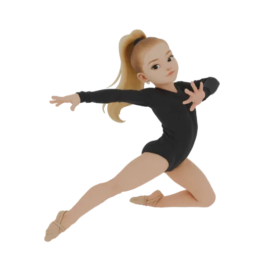 3D model of a blonde gymnast in a black leotard, captured mid-leap with arms outstretched and hair flowing.