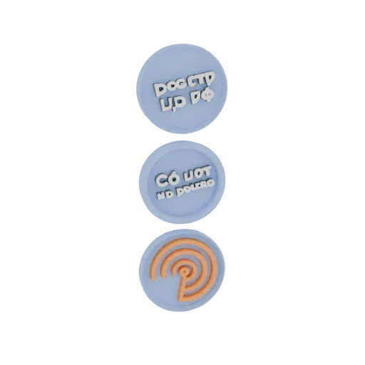 A 3D render of three blue circular badges stacked vertically. The top two have embossed text, and the bottom one has an orang