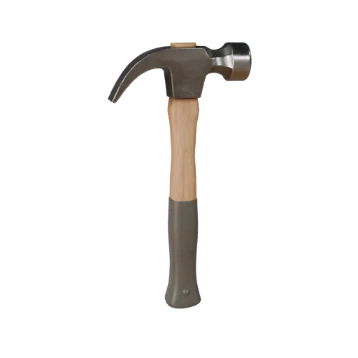 Worn Hammer 3D model, three-quarter front view, Unity viewport, showing painted metal, functional silhouettes.