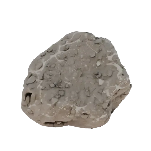 3D model of textured stone with uneven surface, detailed texture, gray color