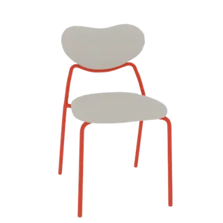 3D model of a modern chair with a light gray heart-shaped backrest and seat, supported by a bright red metal frame.