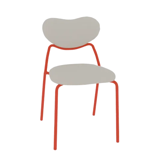 3D model of a modern chair with a light gray heart-shaped backrest and seat, supported by a bright red metal frame.