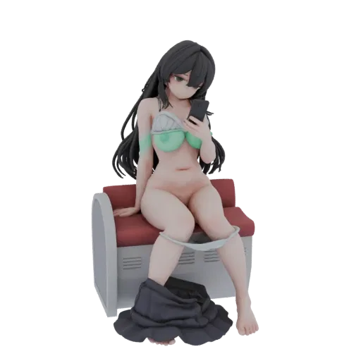 3D model of an anime girl sitting on a toilet, looking at her phone, with her skirt and underwear partially down.