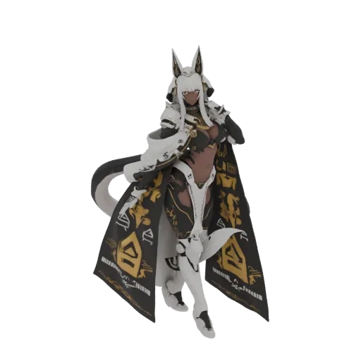3D model of a futuristic warrior inspired by Anubis, wearing white and black armor with gold accents and a patterned cape.