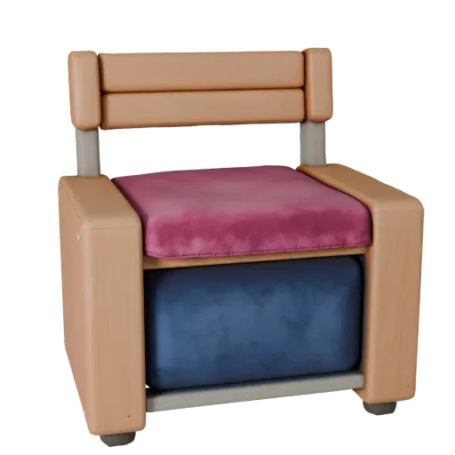 Velvet Accent Chair 3D model, home interior, three-quarter front view, Unity viewport, wood detail.