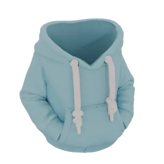 Un rendu 3D d'un sweat à capuche bleu clair avec des cordons blancs et une poche avant, présenté sur un fond blanc.