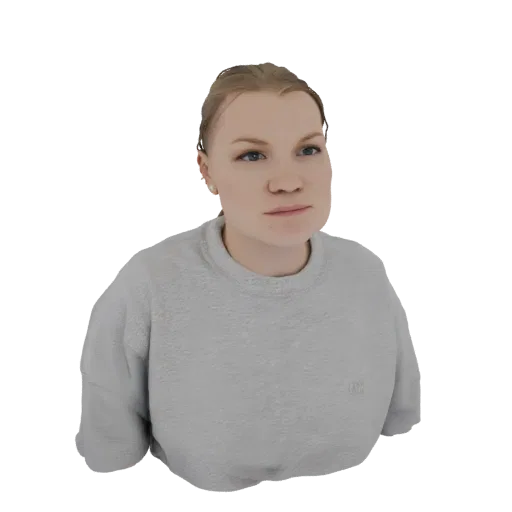 3D model render of a young woman with blonde hair wearing a grey sweater, looking forward with a neutral expression.