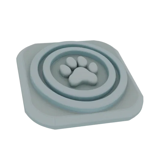3D render of a light gray pet bowl with a raised paw print in the center and concentric rings.