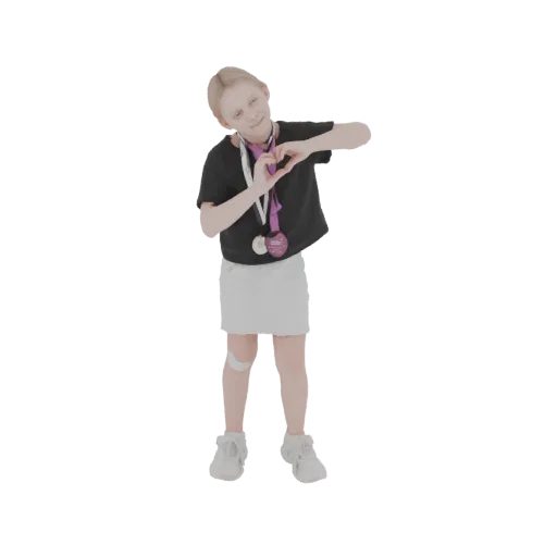 3D model of a young girl with blonde hair, wearing medals and forming a heart shape with her hands, against a white backgroun