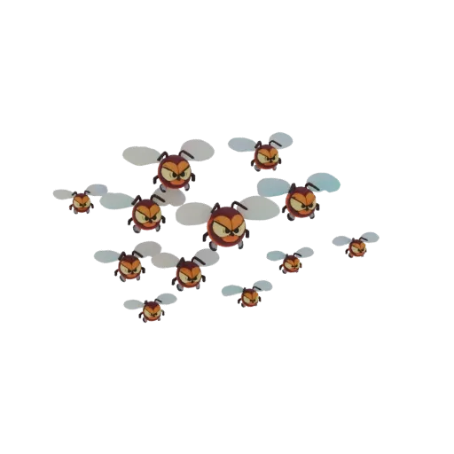 A 3D render of a swarm of angry cartoon bees with fierce expressions and translucent wings, set against a white background.