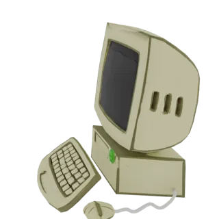 3D-Modell eines retro-beigen Desktop-Computers mit separater Tastatur und Kugelmause, vor weißem Hintergrund.