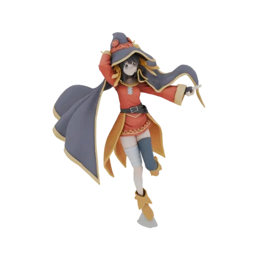 3D model of the anime character Megumin in a dynamic pose, wearing her witch outfit with a large, flowing cape.