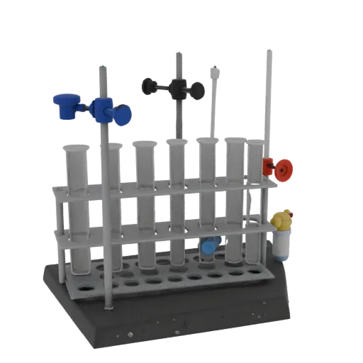 Chemistry Test Tube Rack Realistic 3D model, three-quarter studio render, showing glass, recognizable lab forms.