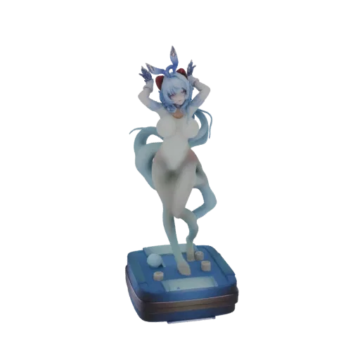 Modelo 3D de Ganyu en pose dinámica 'Danza de la Escarcha', con cabello azul y atuendo translúcido, sobre una base helada.