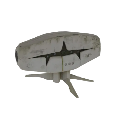 A weathered, white sci-fi drone with a star-shaped metallic detail and three articulated legs, presented against a black back