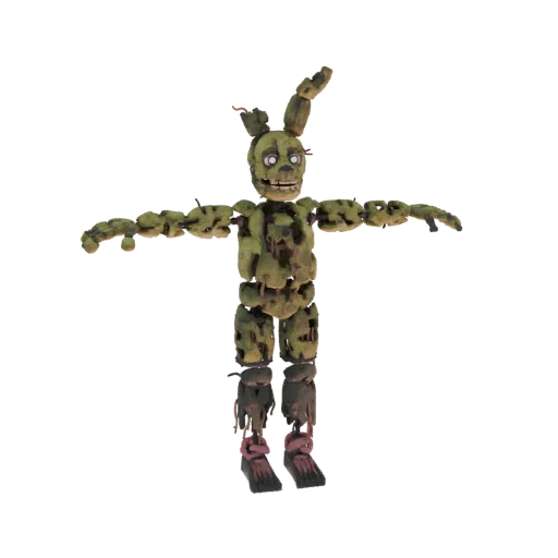 A full-body 3D render of the torn Springtrap animatronic in a T-pose against a black background, showing its damaged suit and