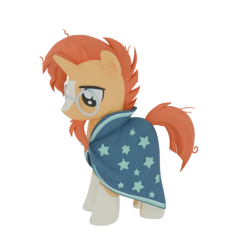 3D model of Sunburst Pony wearing a blue wizard cloak with stars, seen from the side.