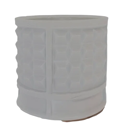 A 3D render of a white cylindrical vase with a detailed geometric embossed pattern covering its surface, set against a white