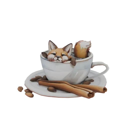 3D model of a cute, sleepy fox curled up inside a white coffee cup, with coffee beans and cinnamon sticks on the saucer.
