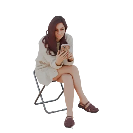 3D model of a woman with long brown hair sitting on a folding chair, looking at her smartphone.