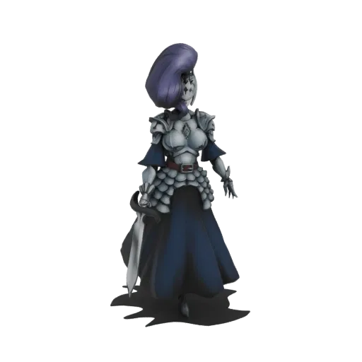 Modelo 3D de cavaleira de fantasia em armadura prateada, segurando uma espada, com cabelo roxo.