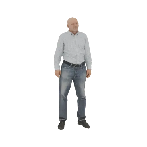 3D model of a bald man wearing a blue checkered shirt and denim jeans, standing with his hands at his sides.