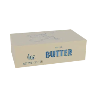 A 3D render of a classic butter box with blue 'BUTTER' text and '4oz. NET WT. (113 G)' labeling on a light beige background.