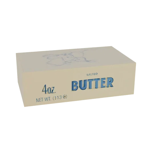 A 3D render of a classic butter box with blue 'BUTTER' text and '4oz. NET WT. (113 G)' labeling on a light beige background.