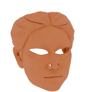 A 3D render of a stylized, untextured human face mask with dark, empty eye sockets and a neutral expression.