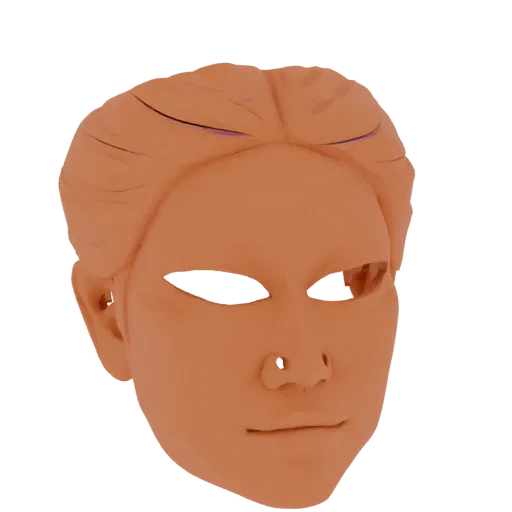 A 3D render of a stylized, untextured human face mask with dark, empty eye sockets and a neutral expression.